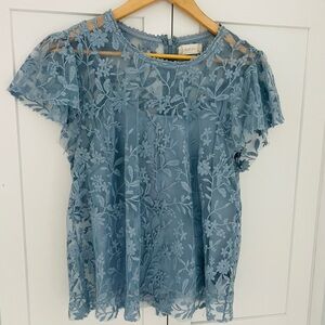 Altard State Dusty Blue Floral Lace Overlay Blouse Large